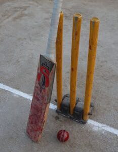 Still life of a cricket bat, red ball, and stumps on a cricket field, highlighting the sport's essential equipment.